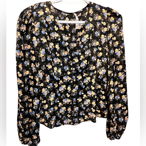 Mango womens black v neck long sleeve floral top size S - Picture 1 of 7
